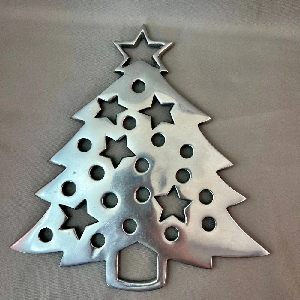 IHI Christmas Tree Trivet Silver Aluminum Holiday Kitchen Hot Plate Excellent